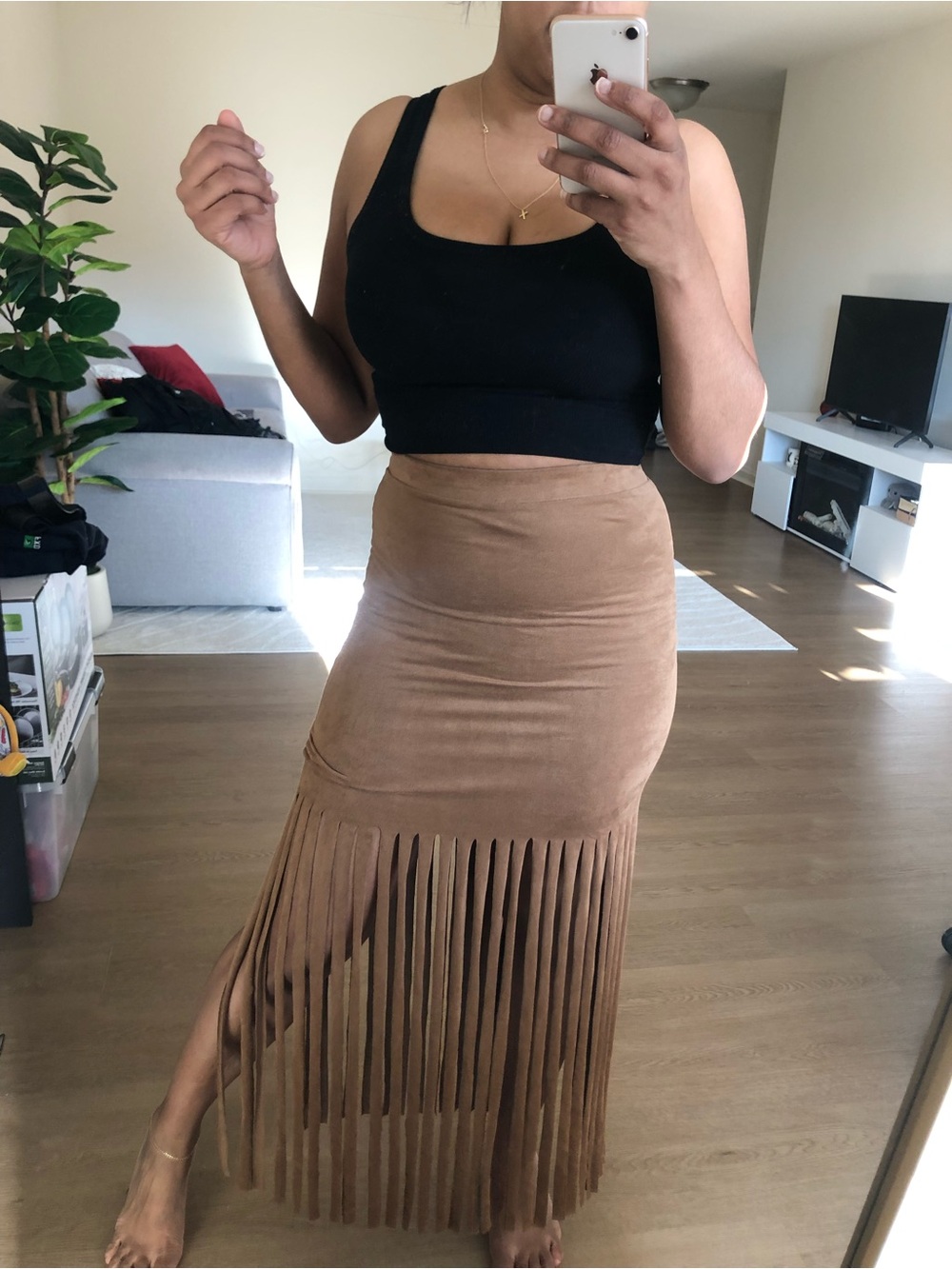 High-Waist Tan Fringe Maxi Skirt